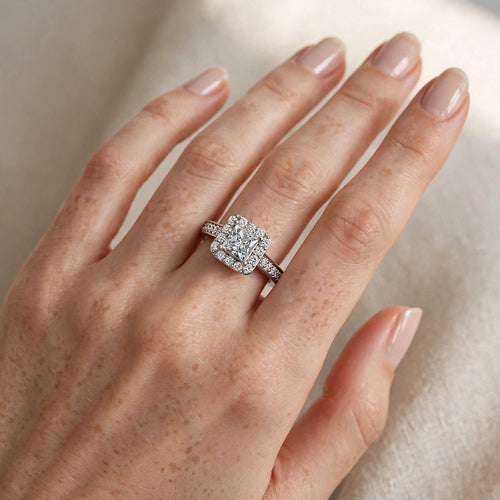 Classic 0.58ct Princess Cut Diamond Halo Gold Engagement Ring - 02US35